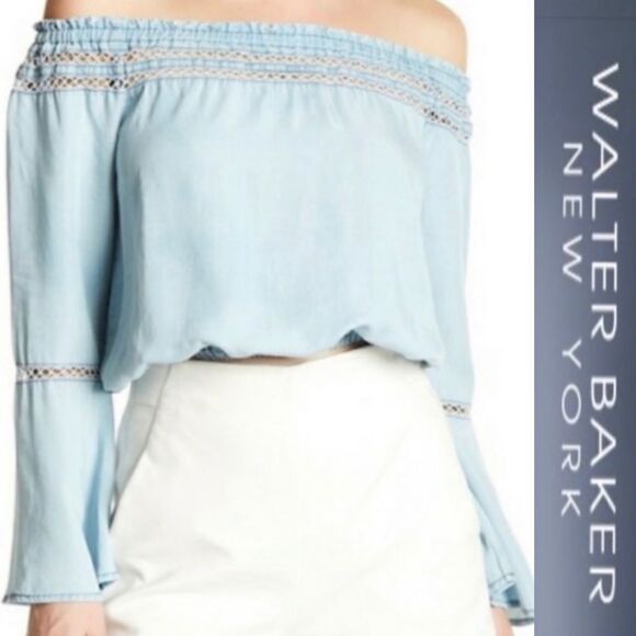 Walter Baker Off-The-Shoulder Chambray Crop Top - Picture 1 of 7